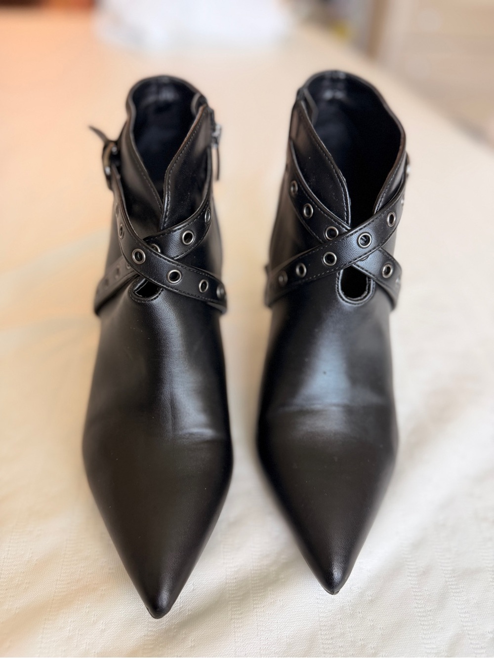 Nine West Black Pointed Toe Ankle Booties with Eyelet Cross-Strap